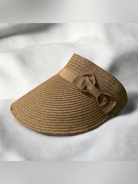Women's Tan Straw Visor with Decorative Bow